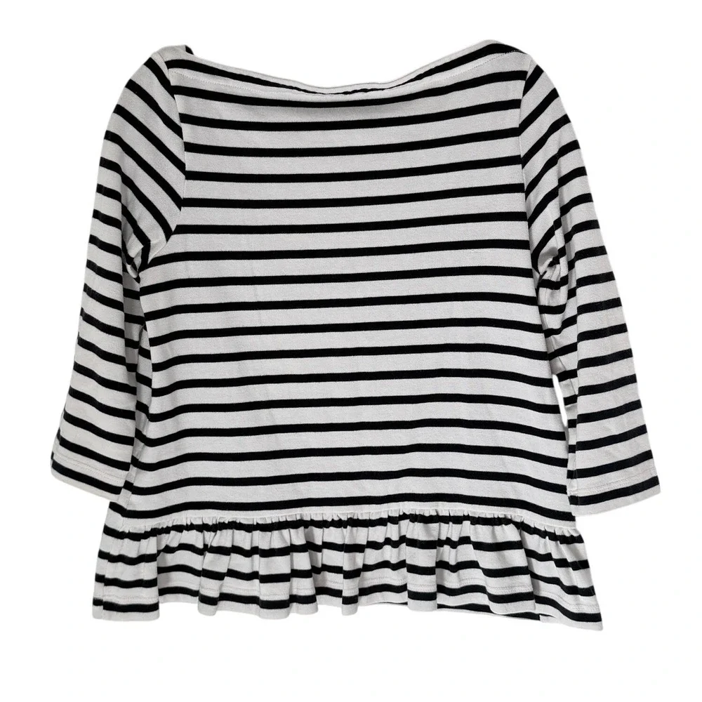 Kate Spade Broome Street Striped Boat Neck Peplum Top Black White 3/4 Sleeve L
